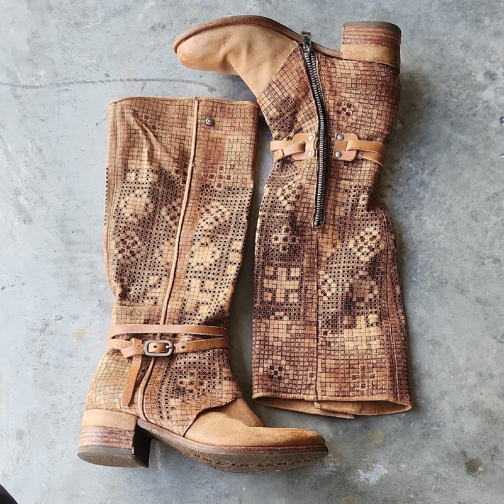 A.S.98 GENE Tan Perforated  Leather Boots with Buckle Detail - Picture 11 of 16